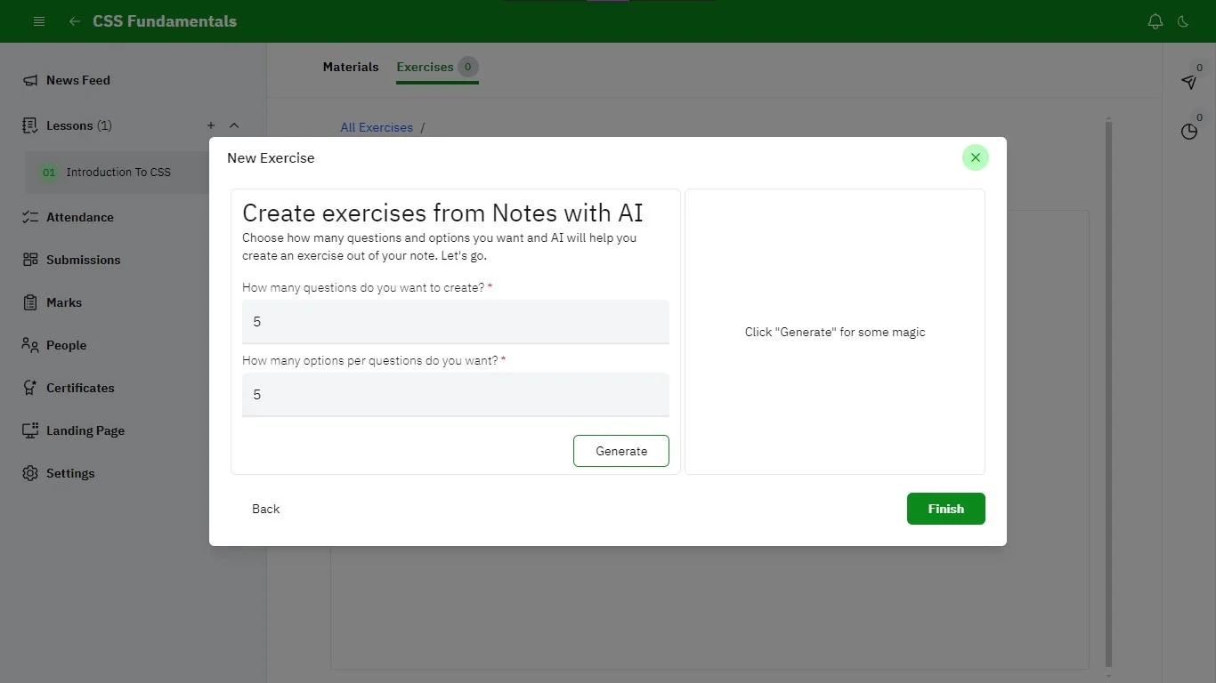 A pop-up displaying new exercise with two questions about the exercise content